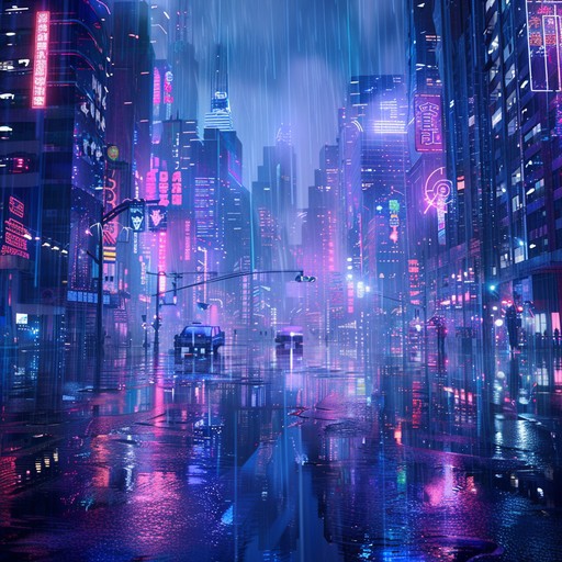 In a neon lit, rain soaked cityscape, unsettling synths reverberate while dark beats pulse through the remains of a broken society. Shadows cling to crumbling structures, reflecting the ominous hum of technology gone awry