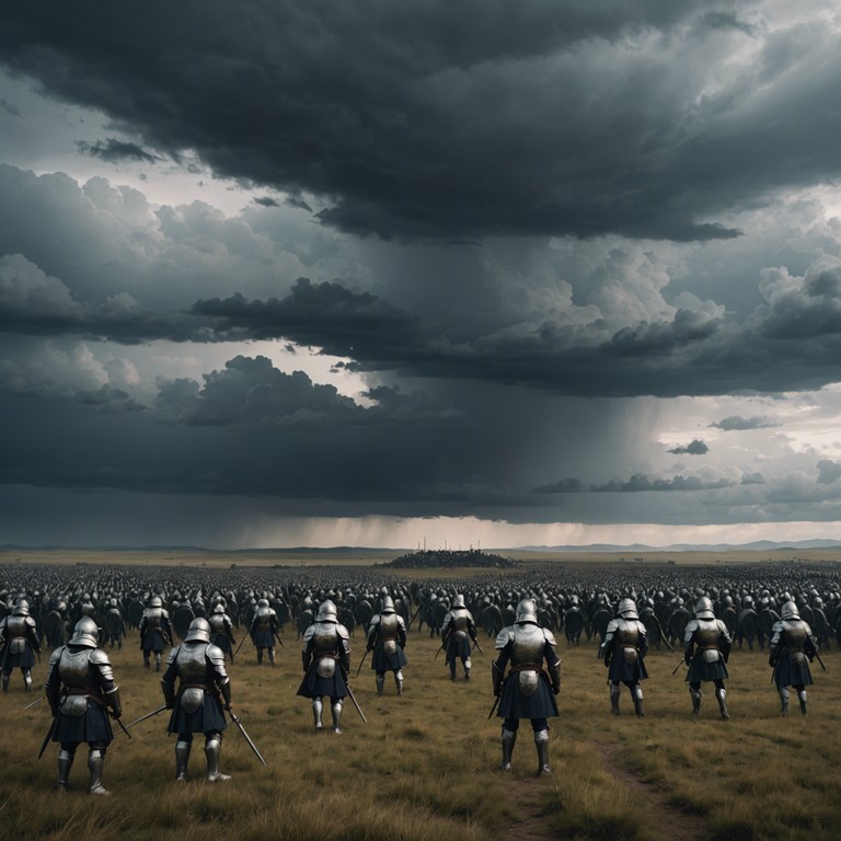 The track unleashes the grandeur of a medieval battlefield, reverberating with the clash of iron and the roar of warriors, epitomizing the courage and tumult of epic battles fought with heavy metal vigor. Electric guitars lead the sonorous charge, supported by intricate drum patterns and a monumental orchestration that captures the essence of heroism and conflict.