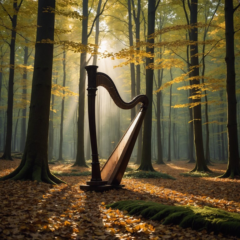 In this track, the gentle and subtle tones of a harp blend with ambient natural soundscapes, creating an ethereal atmosphere that feels like a serene walk through a sunlit forest. Each string pluck resonates with the sounds of rustling leaves and distant birdcalls, inviting the listener into a world of tranquil beauty and otherworldly peace.