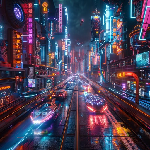 Immerse yourself in the electrifying atmosphere of a cyberpunk cityscape, filled with heavy electronic rhythms and eerie, glitchy soundscapes. The music pulsates with energy, reflecting the chaotic, high tech world of neon alleys and sprawling metropolises.