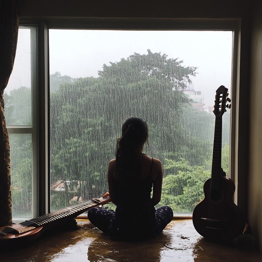 Transport listeners to a monsoon drenched indian village, where sorrowful sitar strings resonate with the rhythmic pitter patter of rain, evoking deep sentimental nostalgia and introspective solitude. The composition weaves traditional hindustani elements with a modern, minimalist touch, creating a poignant auditory landscape.