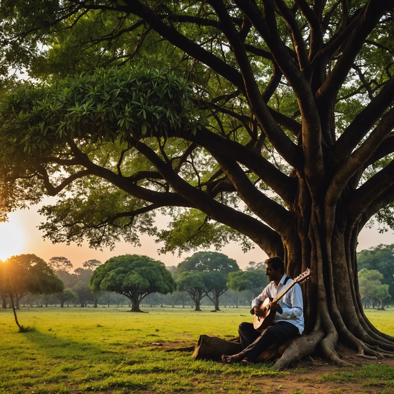 This instrumental track weaves the soulful strains of a sitar through a seamless backdrop of twilight, invoking the spirit of melancholy as vivid as the fading light on an indian horizon. Rich melodies express the deep reflection and serenity found at day's end in the countryside.