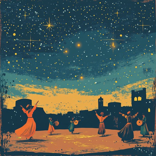 An uplifting instrumental piece that combines traditional middle eastern instruments and melodies to evoke the vibrant energy and joy of a festive dance under the desert sky