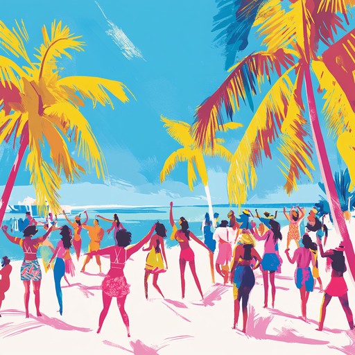 An invigorating track filled with lively percussion and cheerful melodies, designed to transport listeners to a warm, sunny beach where everyone is dancing and celebrating together. The rhythm underscores a vibrant atmosphere, with joyful xylophone tunes and energetic drum beats leading the soundscape.