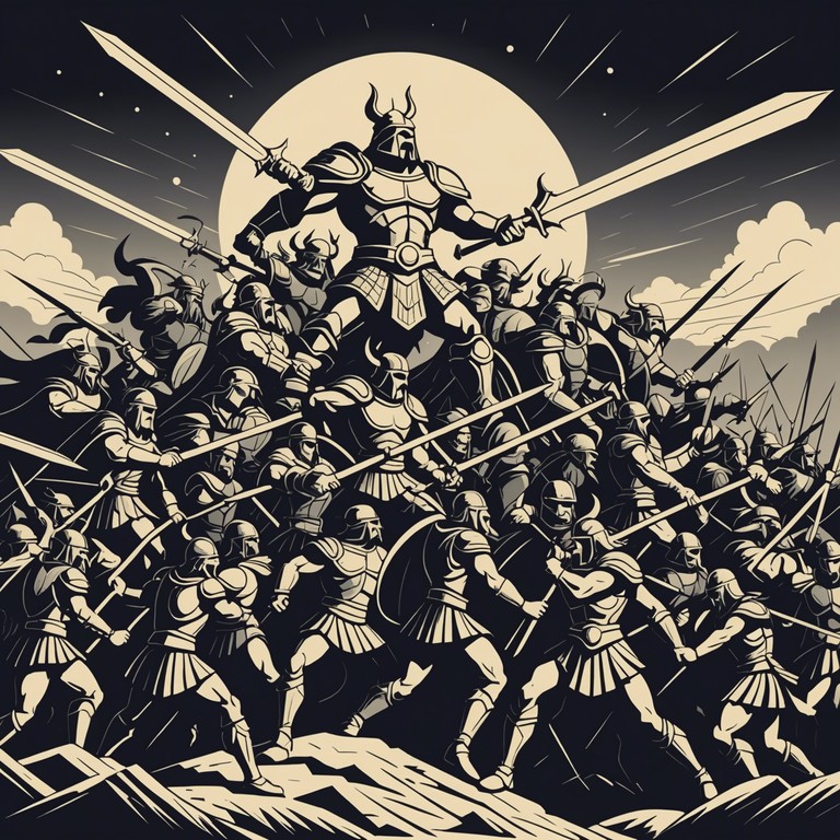 An immersive orchestral composition featuring towering crescendos and deep, aggressive string sections. This track encapsulates the raw power and drama of mythological battles between titans, with each note painting a picture of epic proportions. The instrumentation focuses heavily on the stirring, forceful sounds of brass and percussion, creating a palpable tension and grandiose scale.