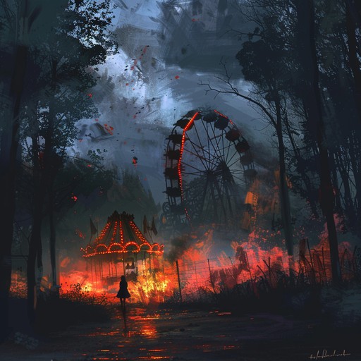 Imagine walking through an abandoned carnival at night, with old rides creaking in the wind and faded music echoing in the distance. This unsettling instrumental piece captures that atmosphere with its hollow, echoing soundscape. Distorted carnival melodies drift in and out, punctuated by sudden, jarring noises that keep the listener on edge. The overall mood is one of unease and mystery, as if the ghosts of the carnival's past still linger in the shadows.