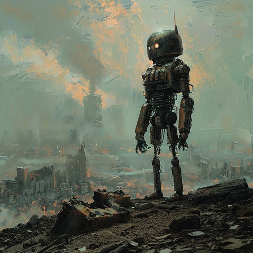 Imagine a desolate, post-apocalyptic landscape where robots have taken over. The air is thick with the smell of burning metal and the ground trembles with each heavy step of the mechanical monstrosities. This intense dubstep track captures the chaos and destruction with its gritty, distorted synths, pounding bassline, and glitchy, robotic sound effects. The relentless beat drives forward, evoking a sense of urgency and impending doom. Amidst the mayhem, there are moments of eerie calm, with haunting atmospherics and distant, echoing sounds of crumbling buildings. This is the soundtrack to the end of the world, where man and machine clash in a final, epic battle for survival.