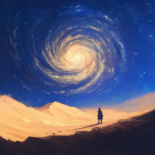 A fusion of ancient middle eastern melodies and futuristic electronic elements, where the mystical sounds of the oud intertwine with ambient synthesizers, creating an otherworldly sensation of traversing an endless galactic desert under a sky filled with unknown stars.
