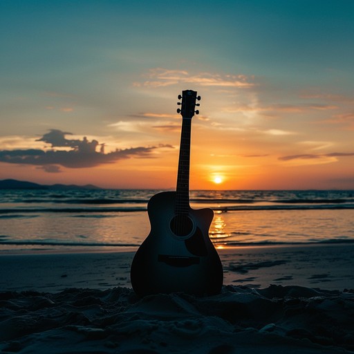 A smooth, soothing guitar melody layered with gentle percussion and subtle keys, painting a nostalgic picture of a sunset by the beach, filled with reflective and melancholic emotions.