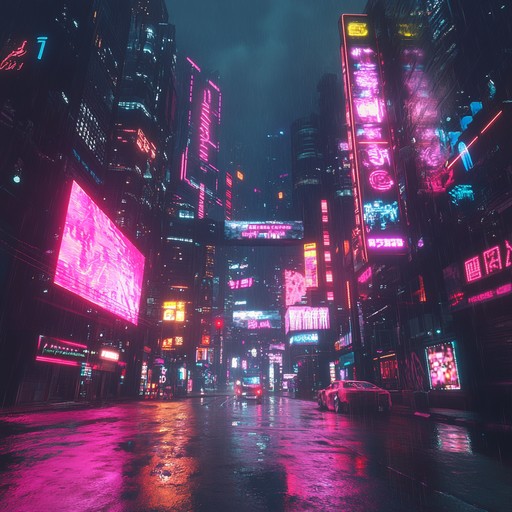 Energetic dance rock track mixing futuristic synth sounds and electric guitar riffs, perfect for vibrant cyberpunk settings.