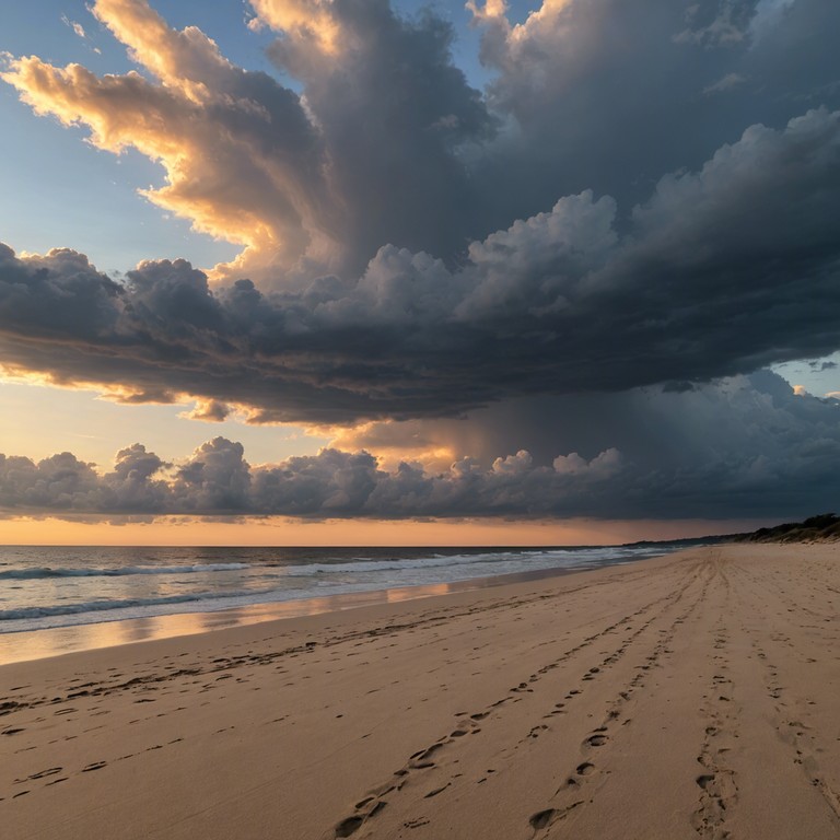 In this unique sonic exploration, the relaxing beats of traditional bossa nova are intertwined with subtly anxious rhythms, creating a soundscape that captures the feeling of a restless day on a serene beach. The music invites listeners into a world where calm exterior meets inner turmoil, reflecting the complexity of human emotions in a seemingly peaceful setting.