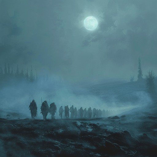 A haunting yet majestic orchestral piece that narrates the spectral march of fallen soldiers through a war torn terrain. The composition begins with a ghostly solo violin, gradually introducing a powerful orchestral arrangement to highlight the eerie yet grand atmosphere, conveying the haunting presence and tragic fate of these lost warriors.