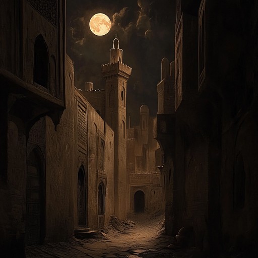 An instrumental piece featuring haunting middle eastern scales and rhythms, creating an unnerving atmosphere that transports listeners to the shadowy alleys of an ancient city under the moonlight.