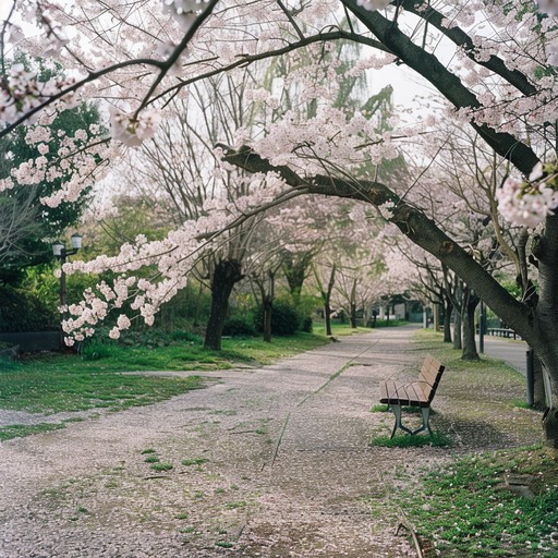 Experience the gentle, soothing sounds of j pop that transport you to a tranquil spring day in a park in tokyo, where cherry blossoms gently sway in the breeze. The music is characterized by its soft, melodic composition, capturing the essence of leisurely strolling under a canopy of pink flowers