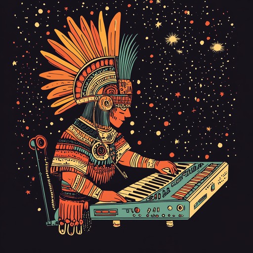 An electrifying instrumental blending aztec rhythms with electronic elements, evoking ancient spirits in modern soundscape