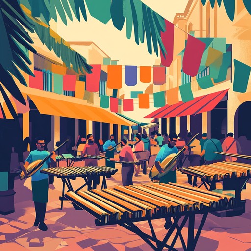 An energetic instrumental with marimba leading a joyful melody, capturing the vibrancy and excitement of a busy marketplace, blending afro caribbean rhythms with contemporary flair.