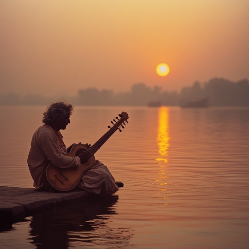 An instrumental piece featuring soothing sitar melodies and gentle tabla rhythms, inspired by traditional hindustani music, creating a relaxing atmosphere reminiscent of an evening by the ganges river.