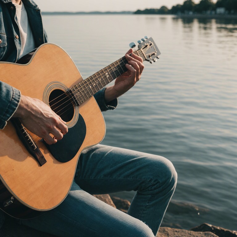 Imagine a seasoned blues guitarist, lost in thought, gently strumming by a flowing river, the song reflecting years of experience and the gentle flow of life around him.