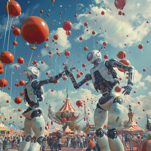 A high energy track combining robotic beats and whimsical carnival tunes, evoking a futuristic dance battle between mechanical clowns and acrobats. Bold synths and punchy percussion create an unrelenting pace.