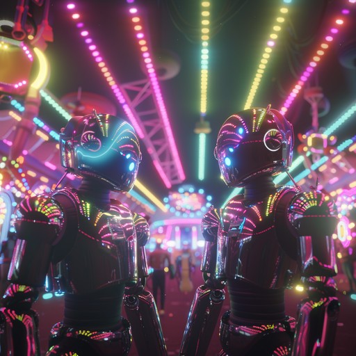 Imagine an electric carnival with dancing robots and captivating rave sounds. This track fuses robotic beats with playful and quirky elements, offering an energetic and whimsical experience that transports listeners to a futuristic festival.