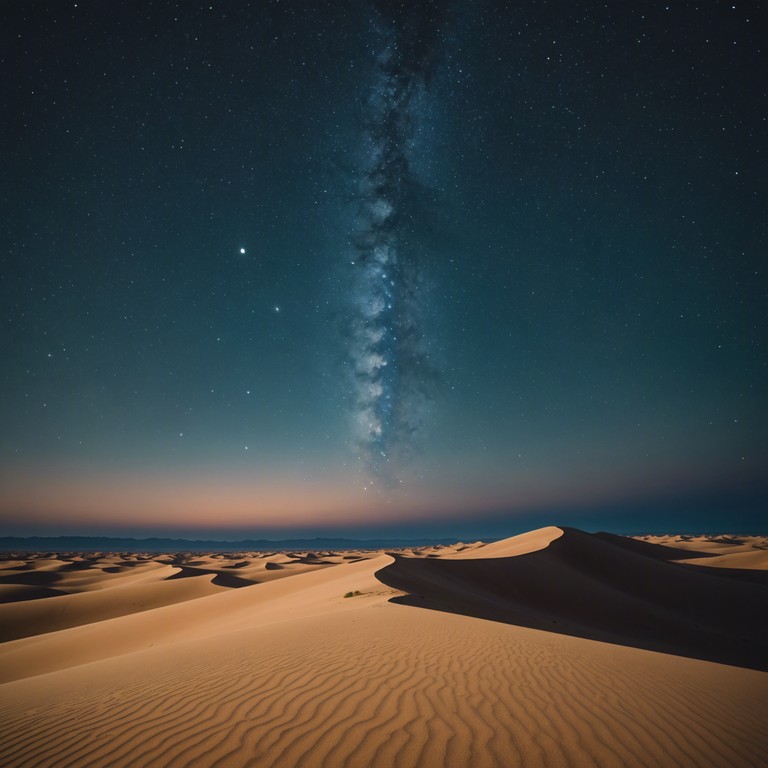 A serene composition that transports listeners to a starlit saharan night, themed around the gentle breezes and vast tranquil spaces of the desert. Ambient sounds mimic the quiet movements of sand and whispering winds under a clear sky.