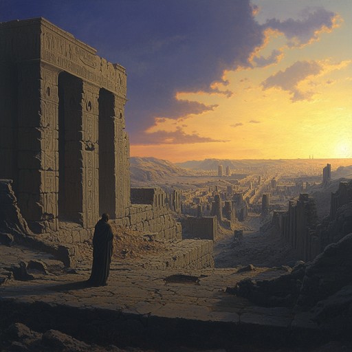 Imagine a landscape of forgotten civilizations, where each note echos the grandeur and the mysteries hidden within ancient ruins. The music brings alive the colossal structures and the winds whispering through them, carrying secrets of a bygone era.