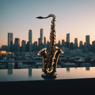 swinging sax under city lights.