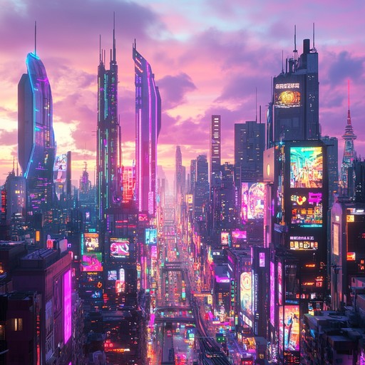 This instrumental track combines carefree vibes with cyberpunk elements, featuring uplifting synth melodies, driving electronic beats, and atmospheric soundscapes that evoke a futuristic city at dawn.