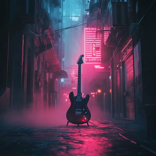 An instrumental track combining eerie tones with glam rock elements, portraying the mysterious allure of an empty city under neon skies. The electric guitar leads a haunting melody over a backdrop of shimmering synths.