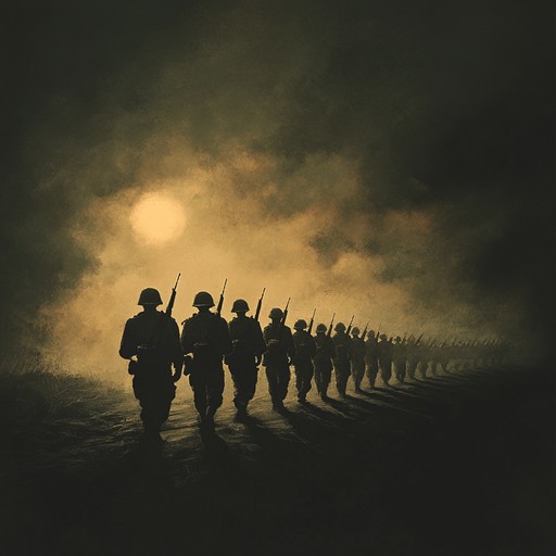 A dark, brooding military instrumental piece, combining the rhythmic pulse of snare drums with menacing brass arrangements. The listener is drawn into a cinematic soundscape, evoking scenes of soldiers marching under a blood red sky. The piece builds tension through layered percussion and somber harmonies, making it a gripping auditory experience.