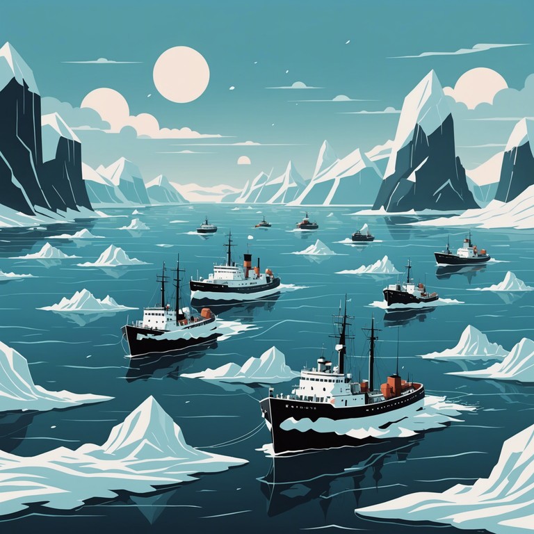 Echoes of cold waters captures the indomitable will of the russian navy as it navigates through icy waters, marked by the relentless beats of drums and piercing brass melodies that reflect both the beauty and threat of the sea.