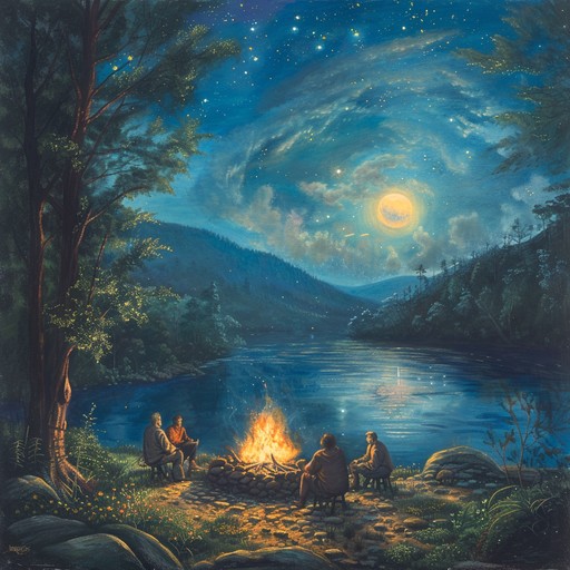 This warm and inviting folk tune captures the essence of gathering with friends and family around a crackling campfire in the appalachian mountains. The comforting melodies, played on traditional acoustic instruments, create a sense of togetherness and nostalgia. The song's gentle rhythm and soothing harmonies evoke images of starry skies, shared stories, and the simple joys of life in the countryside.