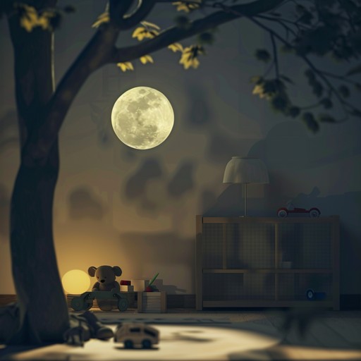 As the moon casts shadows across a softly lit children's room, the air fills with the gentle, yet suspenseful melodies of a toy orchestra. The toys, bathed in moonlight, seem almost alive, emitting a series of tones that are both enchanting and slightly unsettling.