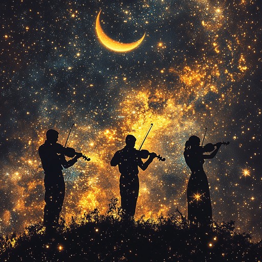 Alternating between solo violin passages and full ensemble crescendos, this alternative description emphasizes the intimate connection between the night sky and the harmonious sounds produced, evoking a sense of calm and wonder among listeners.