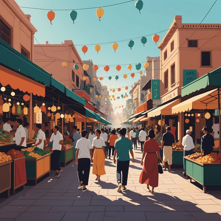 Imagine the vivid sounds and vibrant atmosphere of a middle eastern market brought to life through music. This song uses traditional beats and the distinctive sound of the oud to evoke a sense of joy and communal dance at a sunny festival.