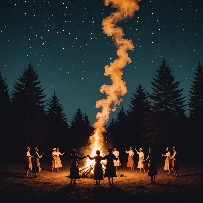 Imagine a vibrant gathering in the heart of the desert, where the cool night air vibrates with the sound of an oud playing joyous tunes. People dance around a bonfire, celebrating life with each beat. The stars above sparkle in rhythm, adding to the enchantment of the night.