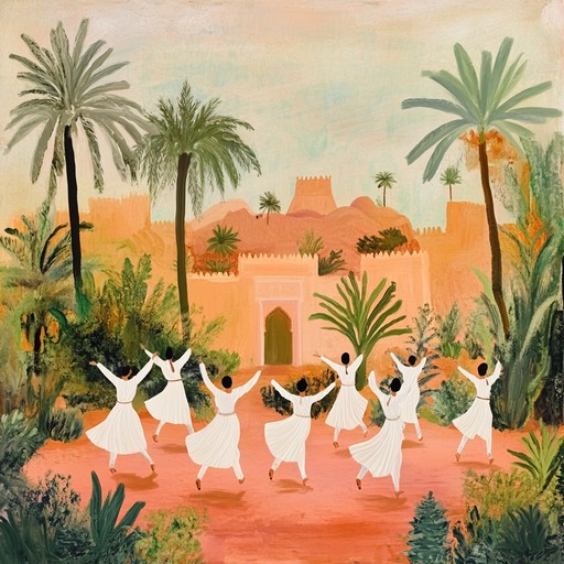 Energetic hand drums and rhythmic strings blend with intricate flutes to create a lively ethnic fusion, reminiscent of joyous celebratory dances in desert regions. This playful composition brings an uplifting, multicultural atmosphere.