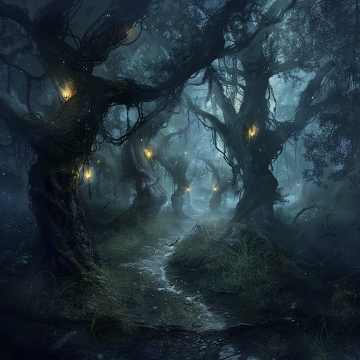 A haunting journey through an ancient forest with eerie sounds, primal rhythms, and distorted folk melodies, creating an unsettling but mesmerizing atmosphere