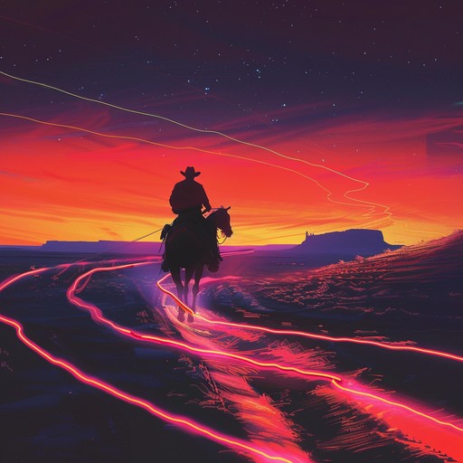 Imagine the wide open plains merging with a retro futuristic cityscape. This song combines the rhythmic storytelling of country music with the glossy, electronic sounds of synthpop. A soulful steel guitar plays over an array of vintage synths, creating a bridge between rustic americana and shimmering futurism. The track should feel like a neon lit horse ride through a cybernetic old town