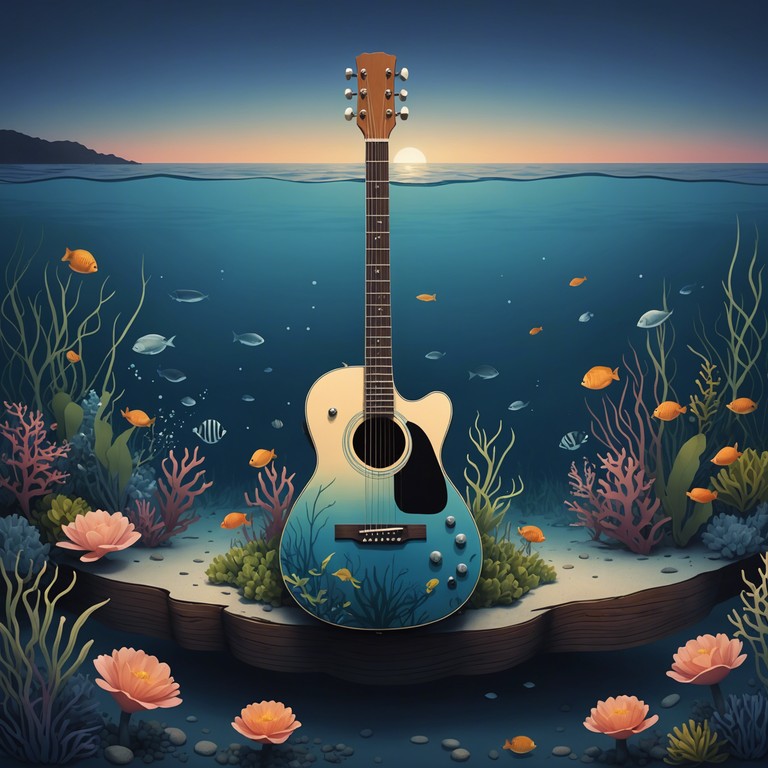 Craft a track that fuses the gentle sway of serene melodies with the intricate and expansive soundscapes of psychedelic rock. The guitar should gently ebb and flow, mimicking the deep, quiet undercurrent of an ocean during a calm sunset.