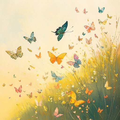 An instrumental track where gentle flute melodies intertwine with soft piano background, illustrating the delicate and playful dance of butterflies over sunlit meadows. The music brings a sense of lightness, joy, and peacefulness, inviting listeners into a serene natural setting.