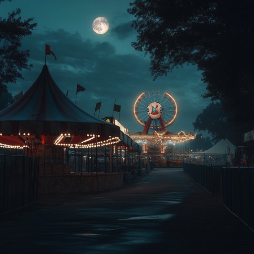 This composition captures the haunting atmosphere of a shadowy carnival after dark, where eerie melodies intertwine with unsettling rhythms, evoking images of distorted funhouse mirrors and lurking figures among flickering lights.