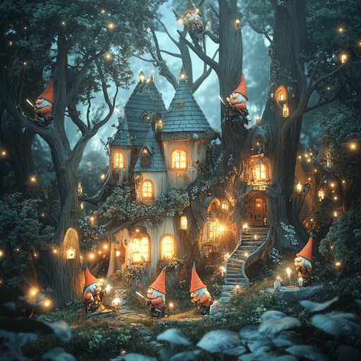 An enchanting instrumental piece depicting mechanical gnomes frolicking in a magical forest, combining playful music box tones with whimsical melodies to create a captivating and fantastical atmosphere