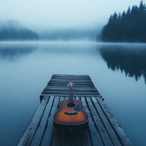 As the sun rises, a lone guitar player sits by a tranquil lake, the gentle strumming blending seamlessly with the peaceful morning ambiance, inviting listeners into a reflective state of mind.