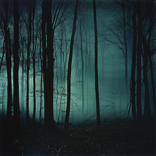 An orchestral composition that begins with lone, somber strokes of a violin, gradually evolving into a full dynamic burst of orchestral sounds, capturing the essence of walking through a dark, mysterious forest shrouded in fog. The music uses sweeping strings, punctuated by deep timpani to evoke an atmosphere of suspense and unforeseeable danger.