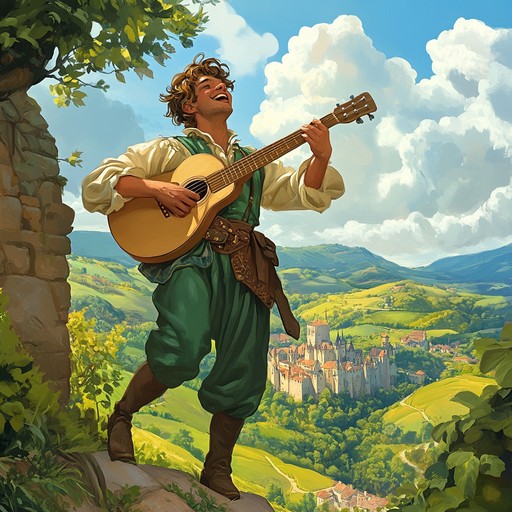 An upbeat instrumental piece that encapsulates the joyous adventures of a jovial jester wandering from village to village, bringing smiles with his spirited melodies played on the lute.