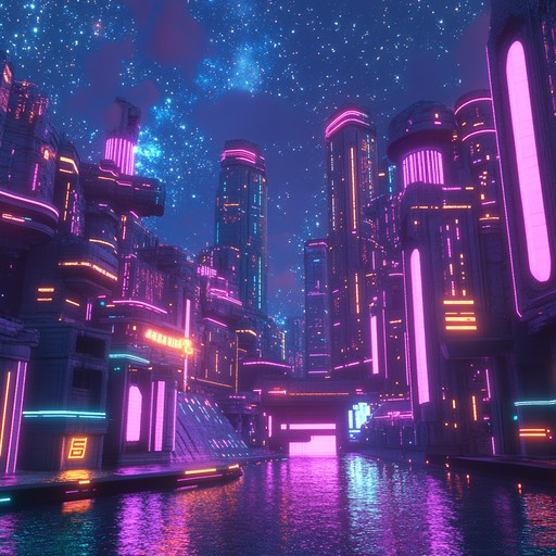 An instrumental track blending hypnotic synthesizer melodies with driving new wave beats, creating a futuristic soundscape reminiscent of neon lit city nights.