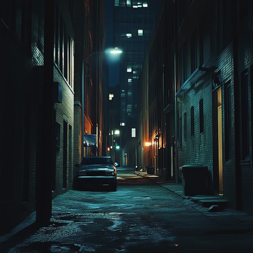 Immerse in the urban nightscape with gritty synths, pulsating bass, and haunting soundscapes, evoking a dark and brooding atmosphere in a forgotten city alleyway