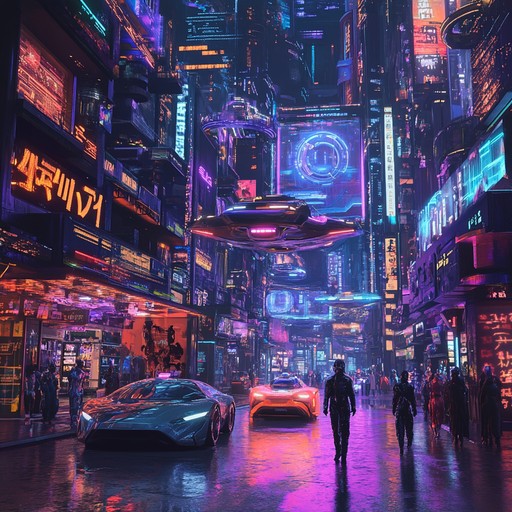 Dive into a dystopian megacity with pulsating electronic beats, shimmering synths, and edgy soundscapes that evoke the neon lit streets and dark alleyways of a cyberpunk future