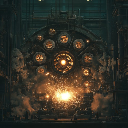 An instrumental track that combines driving industrial beats with heavy rock guitar riffs, creating an intense atmosphere reminiscent of a dystopian factory.